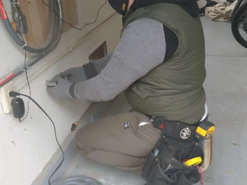 Electrician performing outlet wiring in a Westborough garage